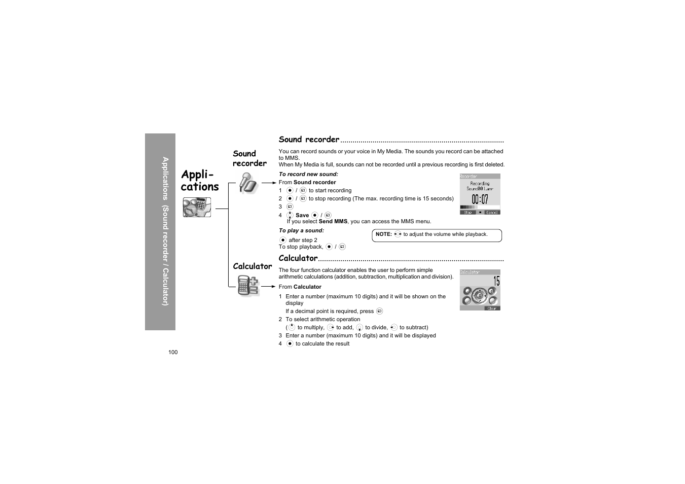 Sound recorder, Calculator, Sound recorder calculator | Appli- cations | Panasonic X66 User Manual | Page 103 / 129