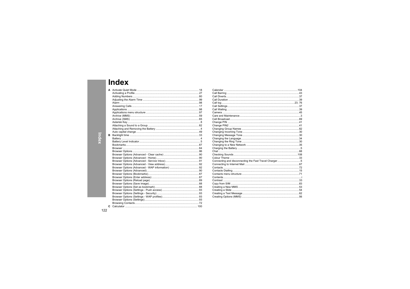 Index | Panasonic X66 User Manual | Page 125 / 129