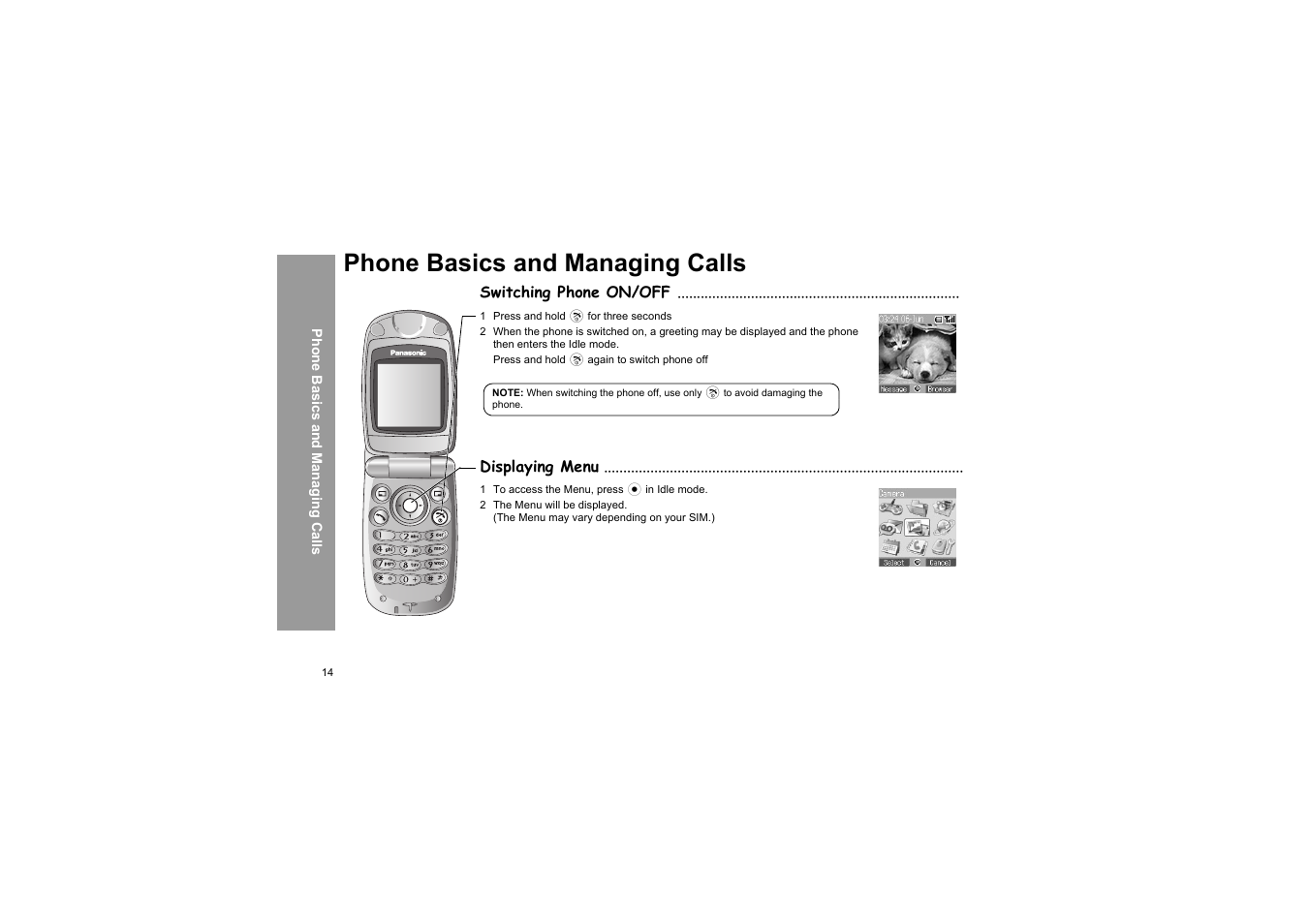 Phone basics and managing calls, Switching phone on/off, Displaying menu | Switching phone on/off displaying menu | Panasonic X66 User Manual | Page 17 / 129