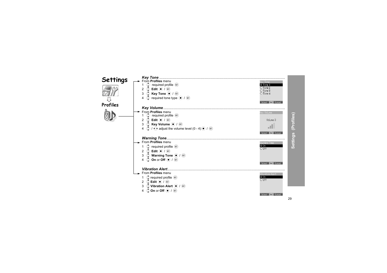 Settings, Profiles | Panasonic X66 User Manual | Page 32 / 129