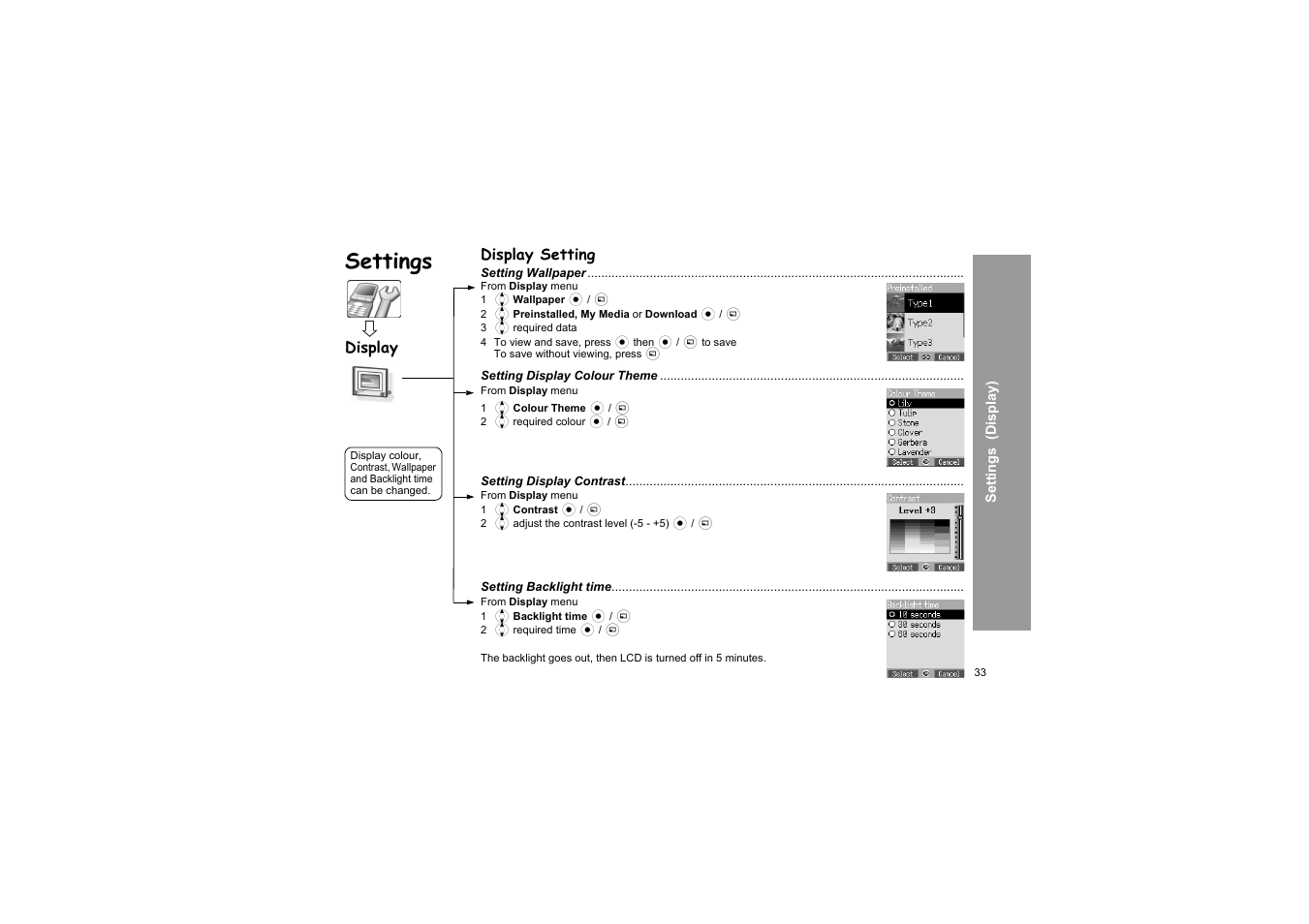 Display setting, Settings, Display | Panasonic X66 User Manual | Page 36 / 129