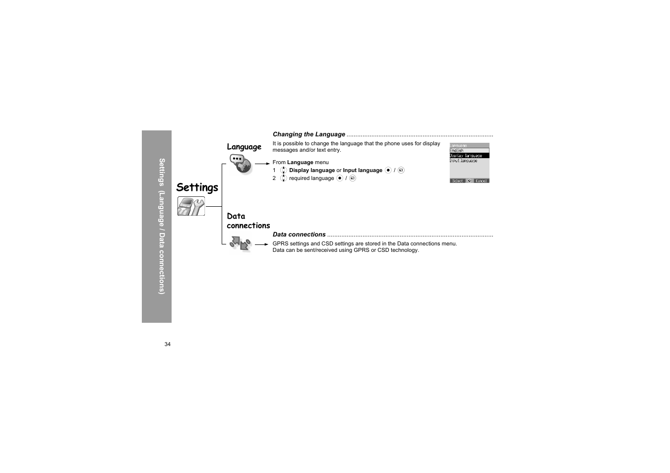 Language, Data connections, Language data connections | Settings | Panasonic X66 User Manual | Page 37 / 129