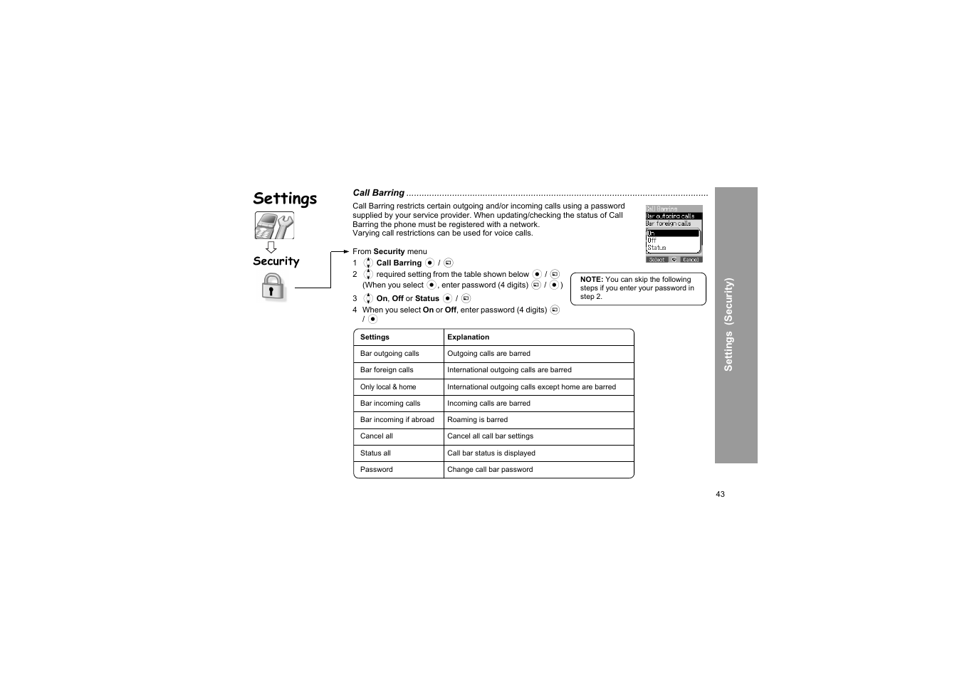 Settings, Security | Panasonic X66 User Manual | Page 46 / 129