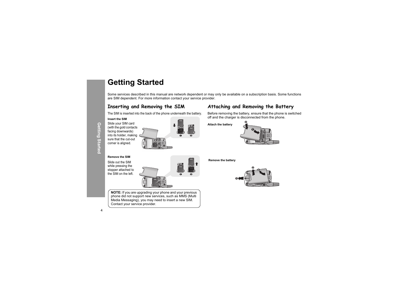 Getting started, Inserting and removing the sim, Attaching and removing the battery | Panasonic X66 User Manual | Page 7 / 129