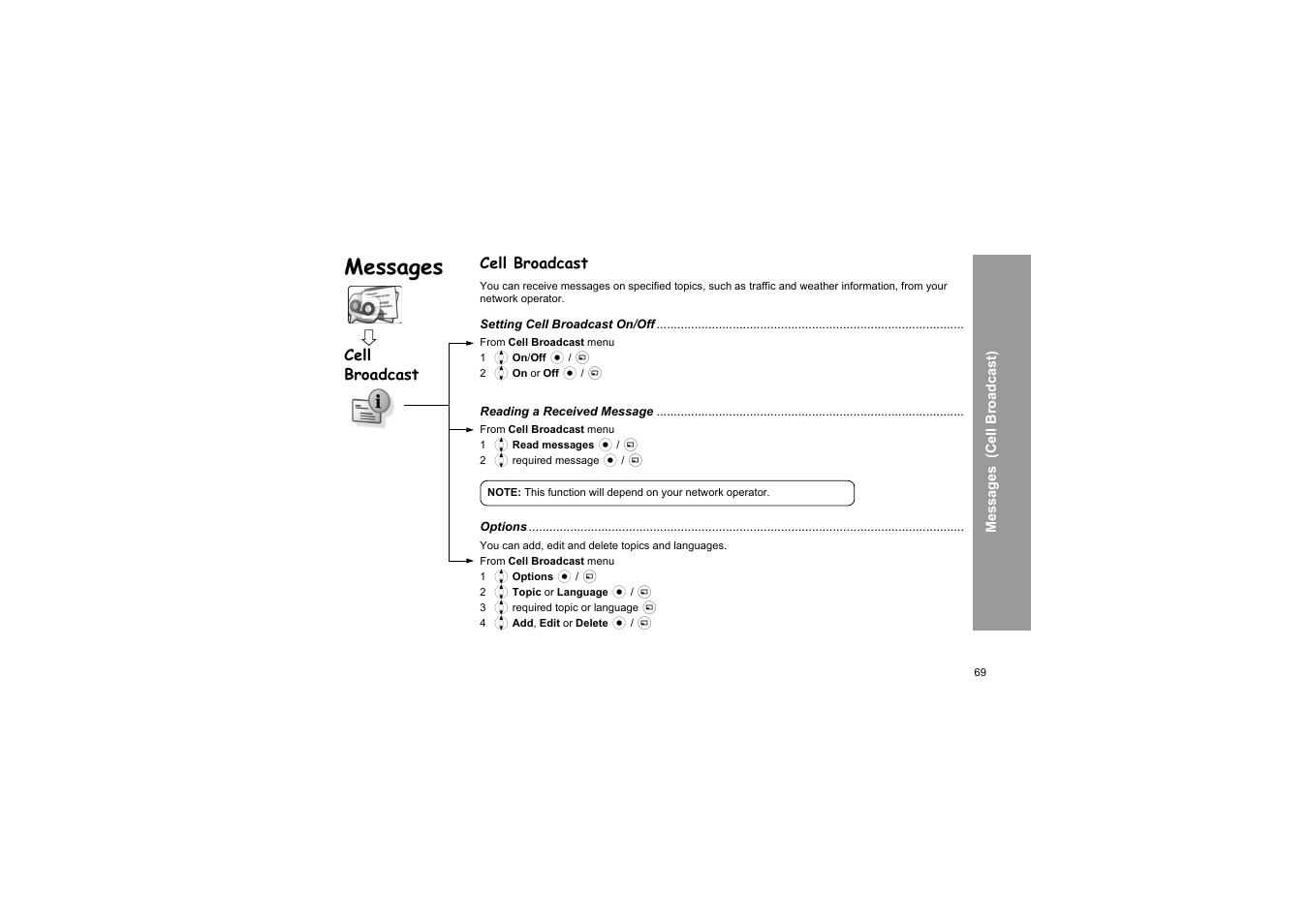 Cell broadcast, Messages | Panasonic X66 User Manual | Page 72 / 129