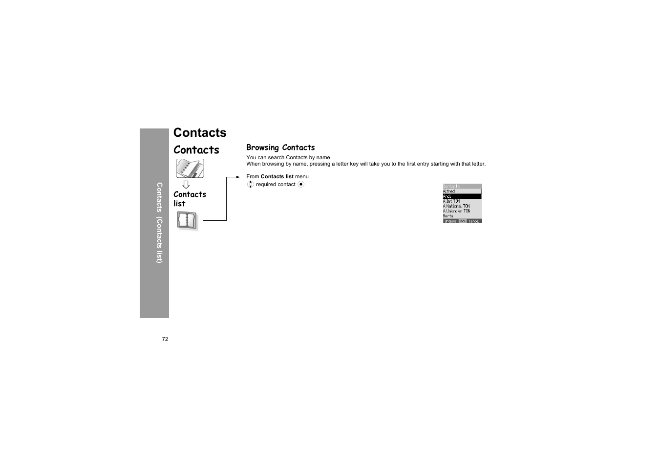 Contacts, Browsing contacts | Panasonic X66 User Manual | Page 75 / 129
