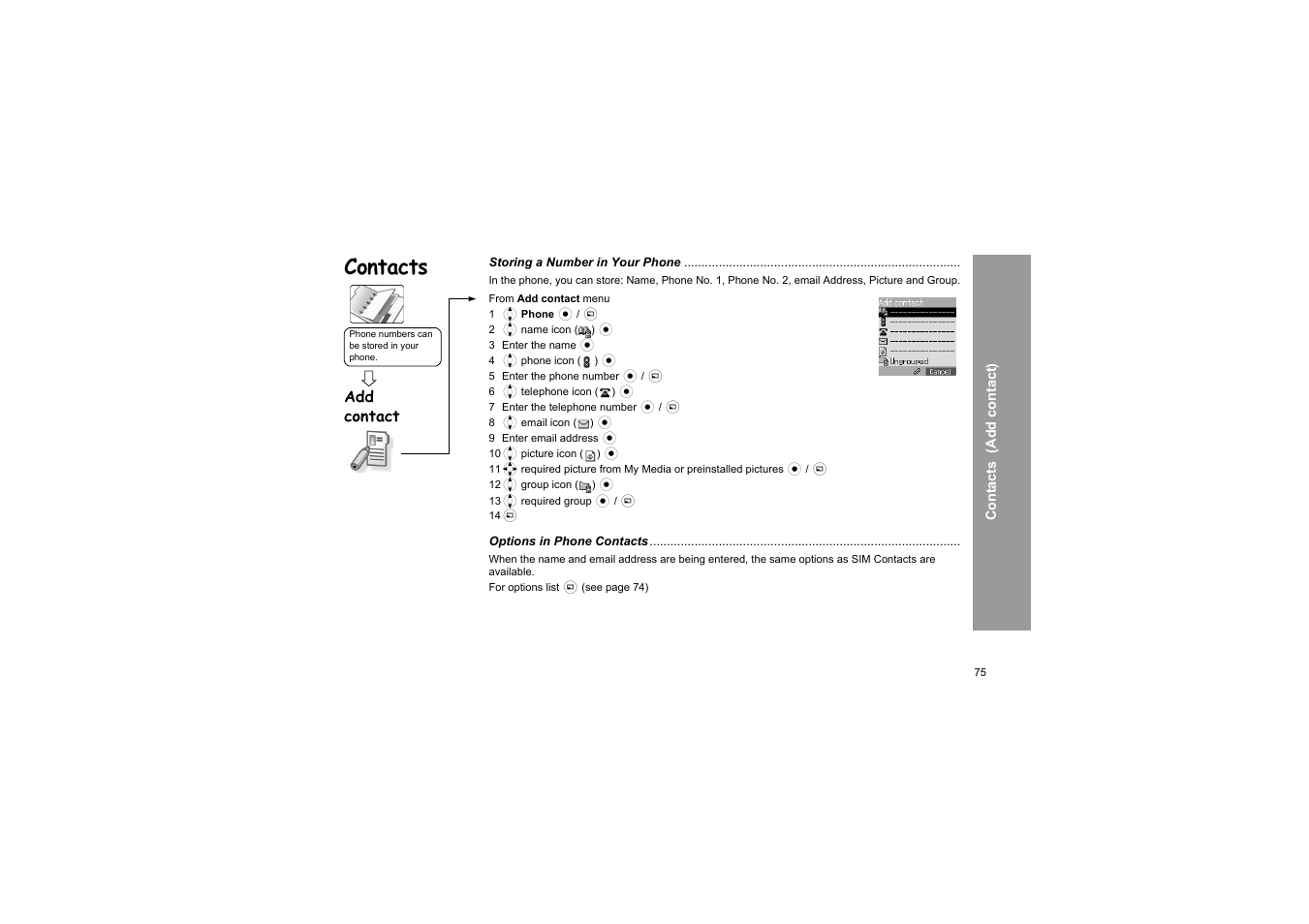 Contacts, Add contact | Panasonic X66 User Manual | Page 78 / 129