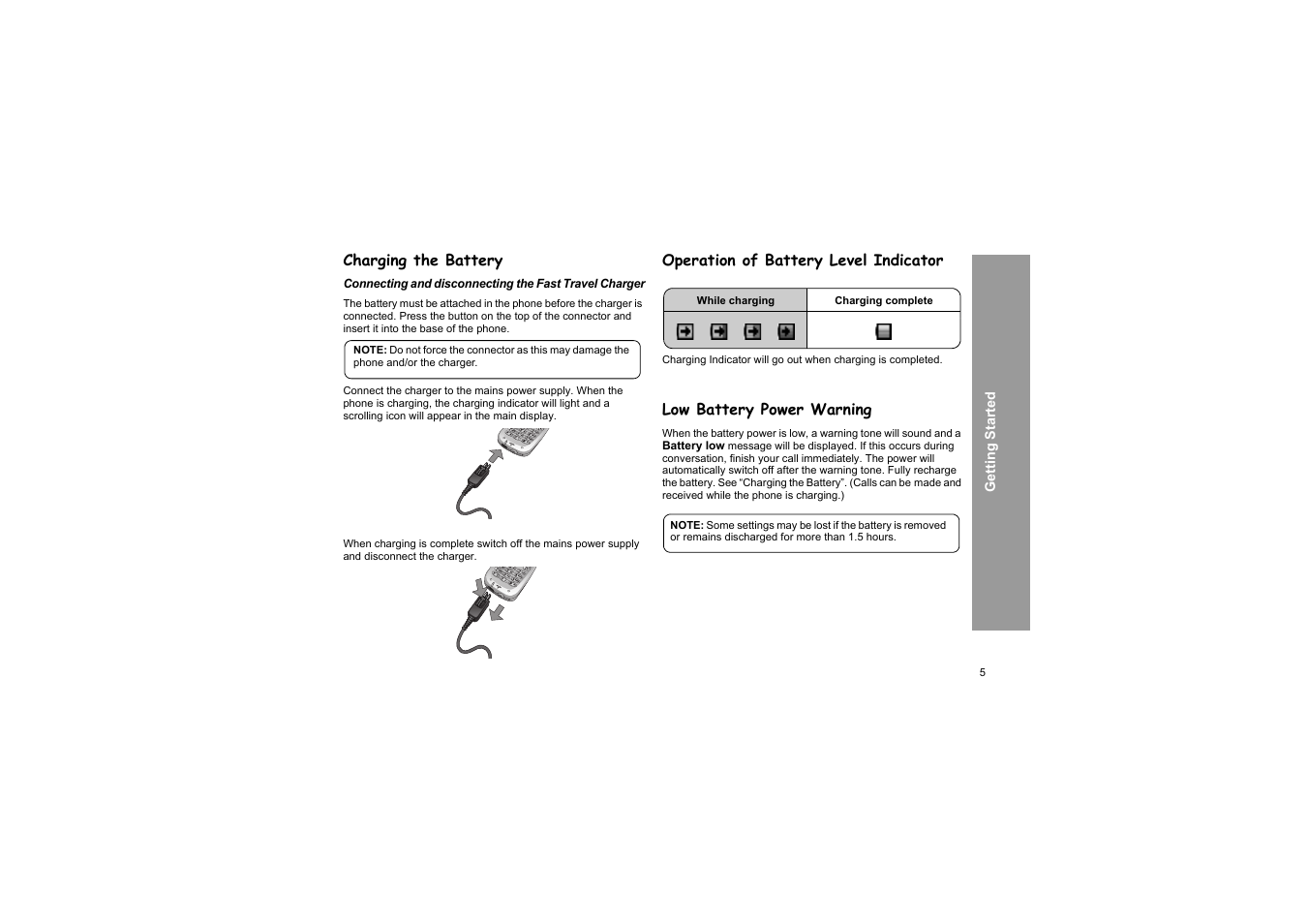 Charging the battery, Operation of battery level indicator, Low battery power warning | Panasonic X66 User Manual | Page 8 / 129