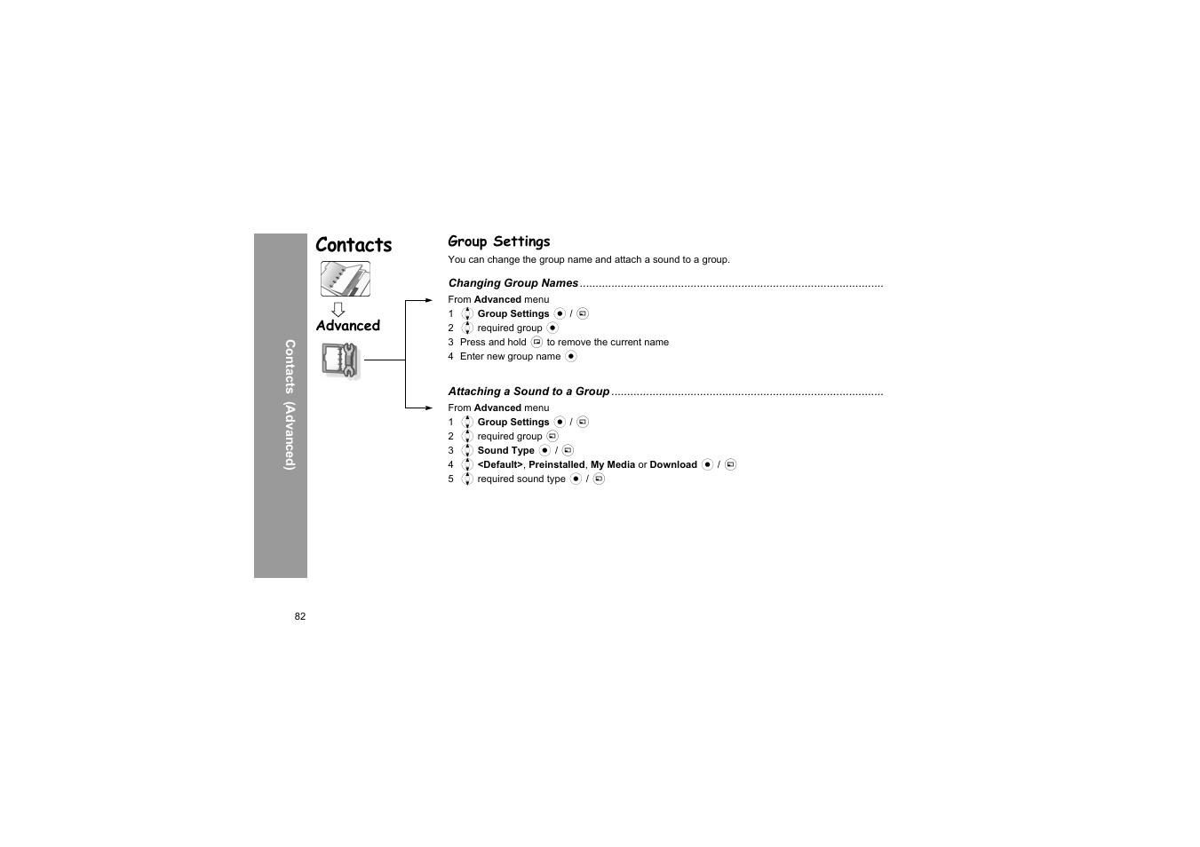 Group settings, Contacts, Advanced | Panasonic X66 User Manual | Page 85 / 129