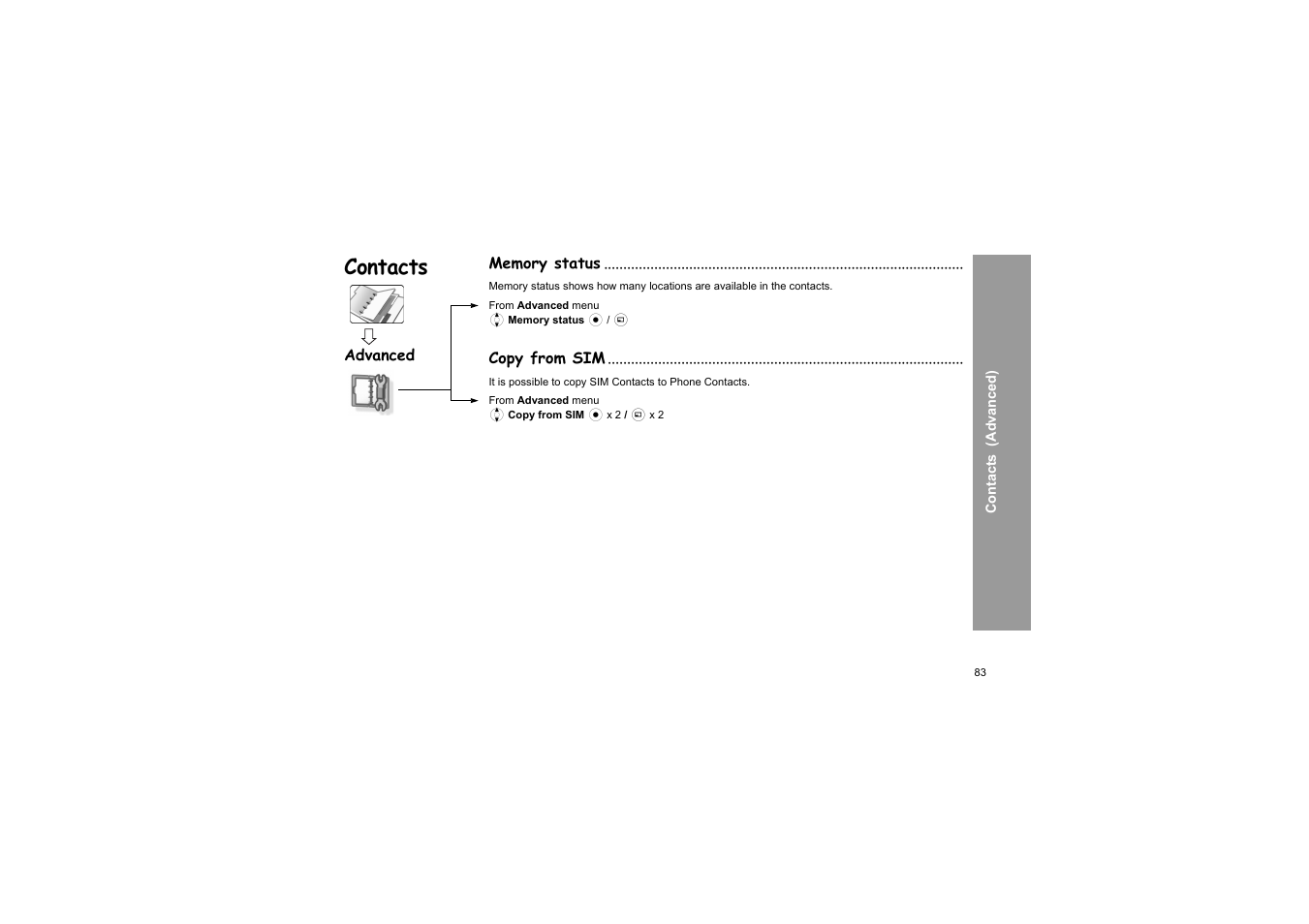 Memory status, Copy from sim, Memory status copy from sim | Contacts | Panasonic X66 User Manual | Page 86 / 129