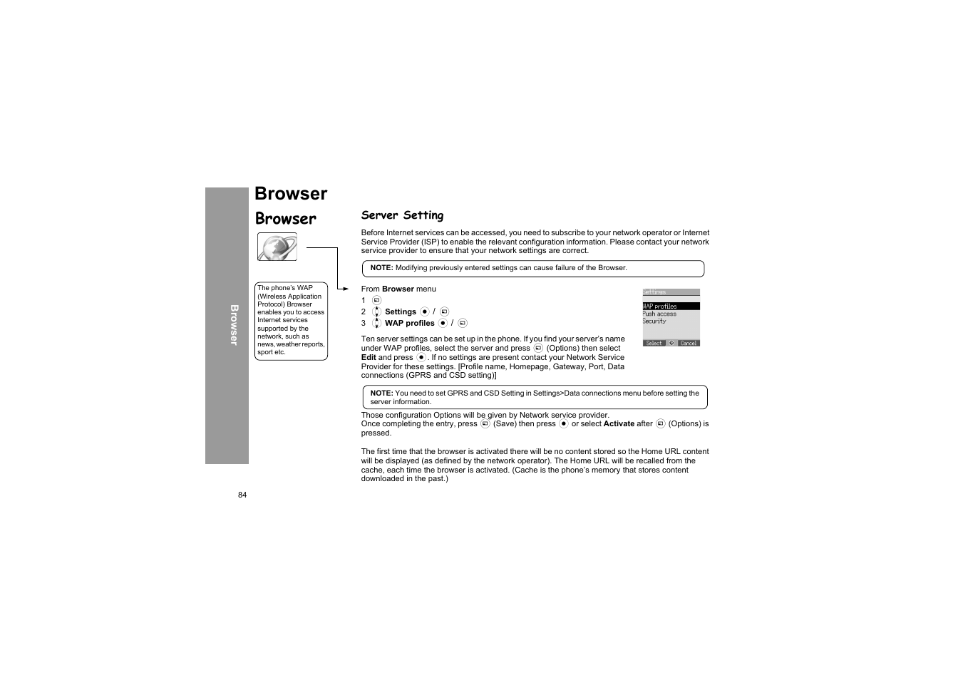 Browser, Server setting | Panasonic X66 User Manual | Page 87 / 129