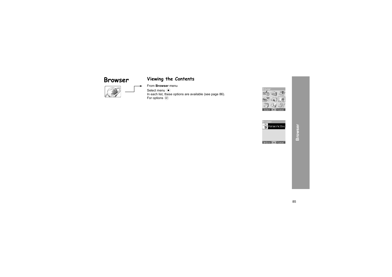 Viewing the contents, Browser | Panasonic X66 User Manual | Page 88 / 129