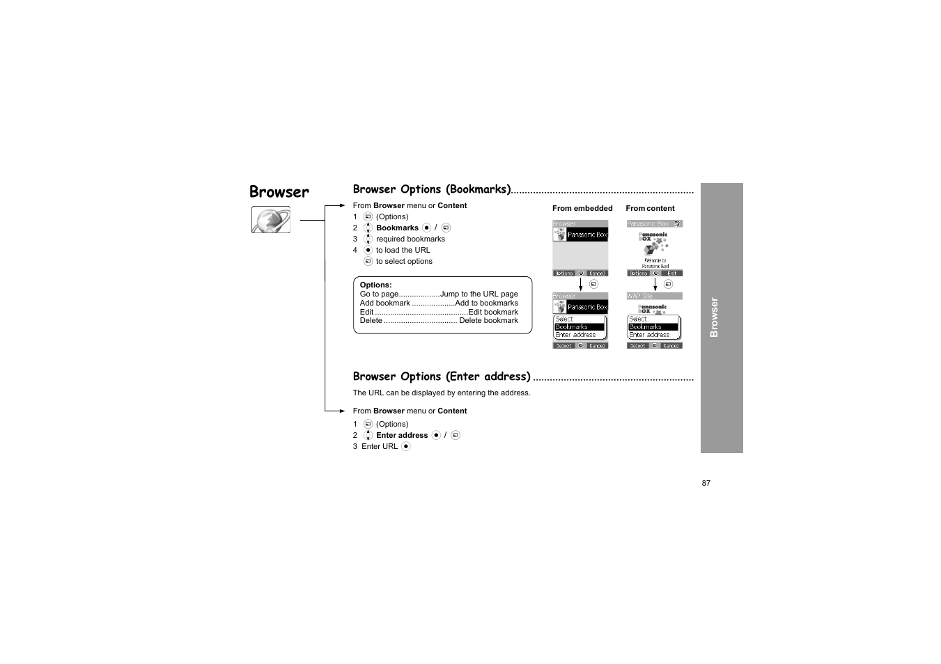 Browser options (bookmarks), Browser options (enter address), Browser | Panasonic X66 User Manual | Page 90 / 129