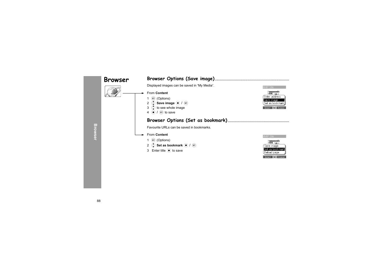 Browser options (save image), Browser options (set as bookmark), Browser | Panasonic X66 User Manual | Page 91 / 129