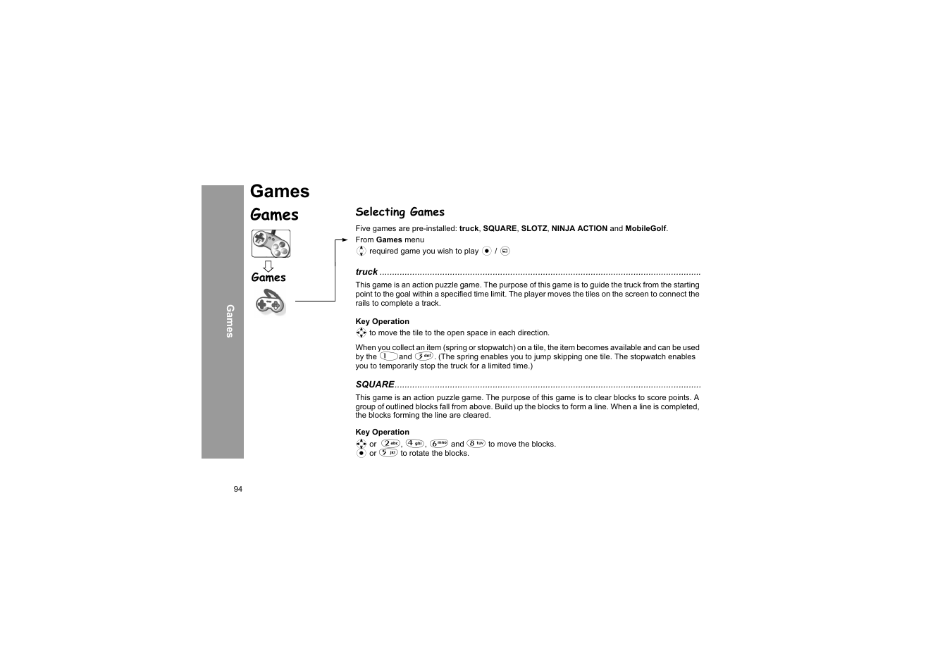 Games, Selecting games | Panasonic X66 User Manual | Page 97 / 129
