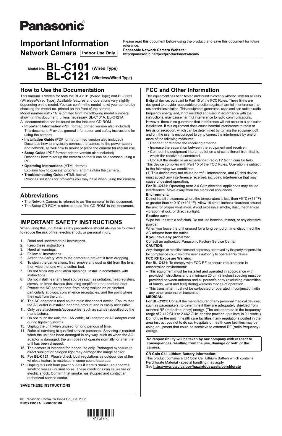 Panasonic BL-C121 User Manual | 2 pages