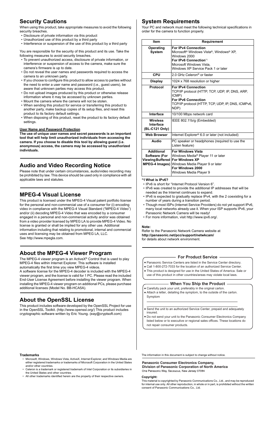 Security cautions, Audio and video recording notice, Mpeg-4 visual license | About the mpeg-4 viewer program, About the openssl license, System requirements | Panasonic BL-C121 User Manual | Page 2 / 2