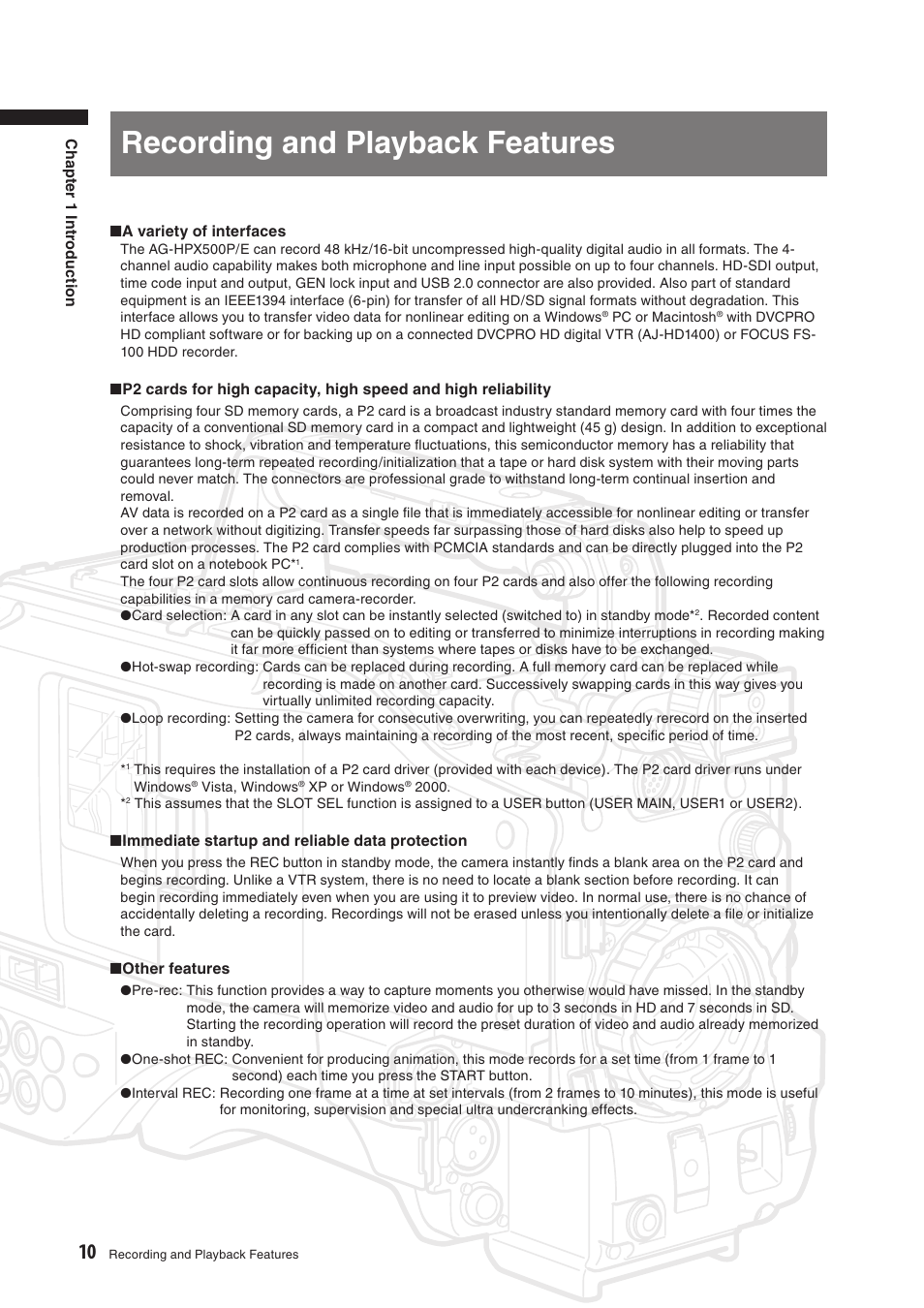 Recording and playback features | Panasonic AG-HPX500E User Manual | Page 10 / 152