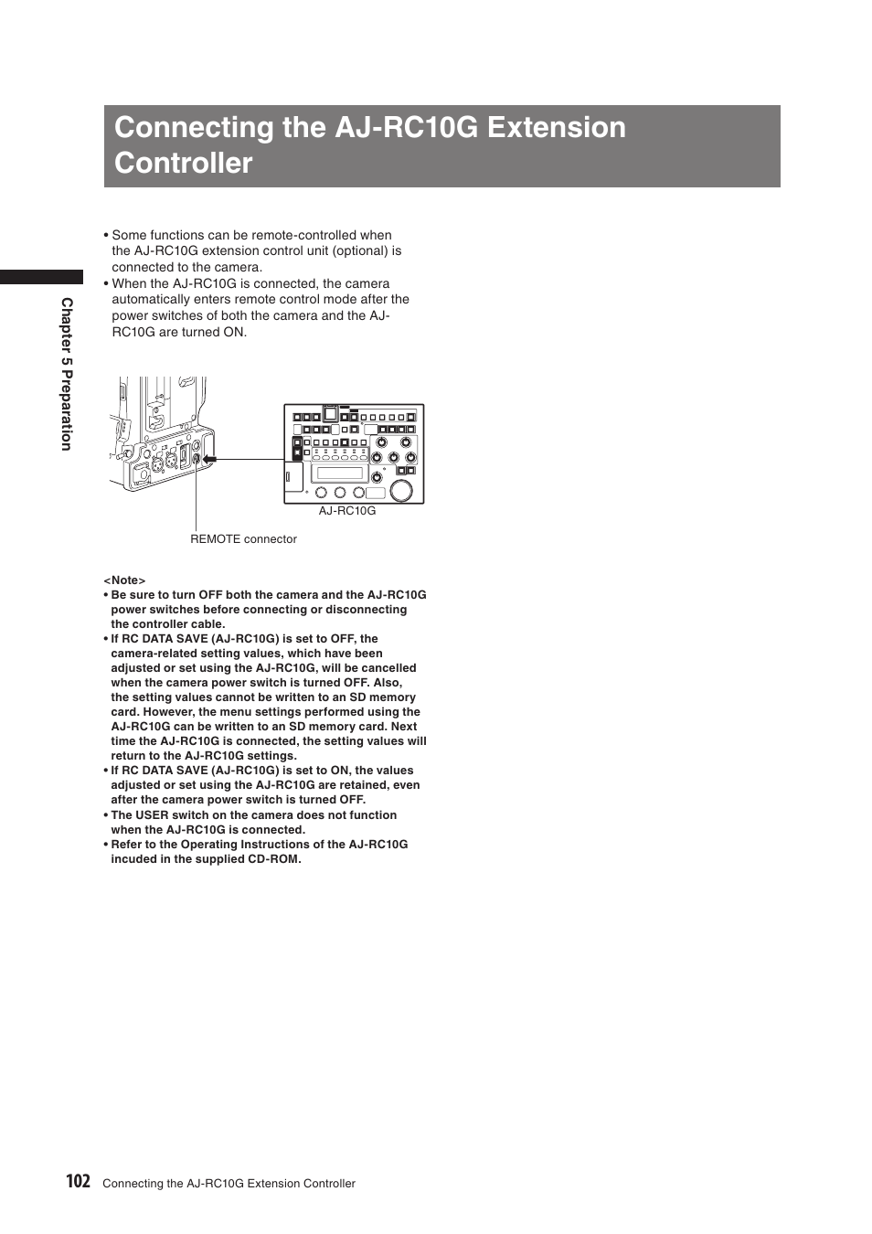 Connecting the aj-rc10g extension controller | Panasonic AG-HPX500E User Manual | Page 102 / 152