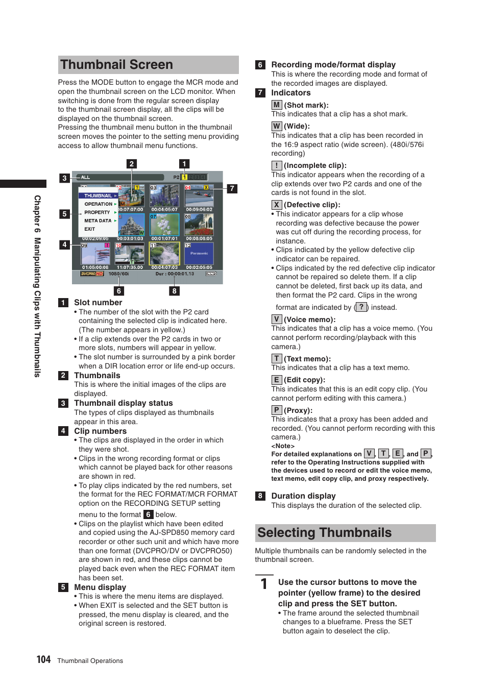 Thumbnail screen, Selecting thumbnails | Panasonic AG-HPX500E User Manual | Page 104 / 152