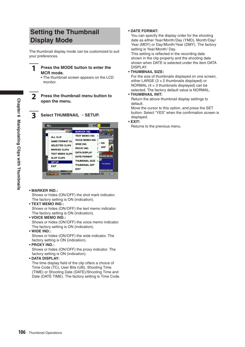 Setting the thumbnail display mode | Panasonic AG-HPX500E User Manual | Page 106 / 152