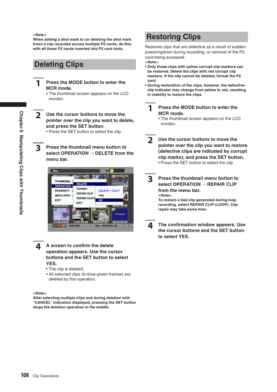 Deleting clips, Restoring clips | Panasonic AG-HPX500E User Manual | Page 108 / 152
