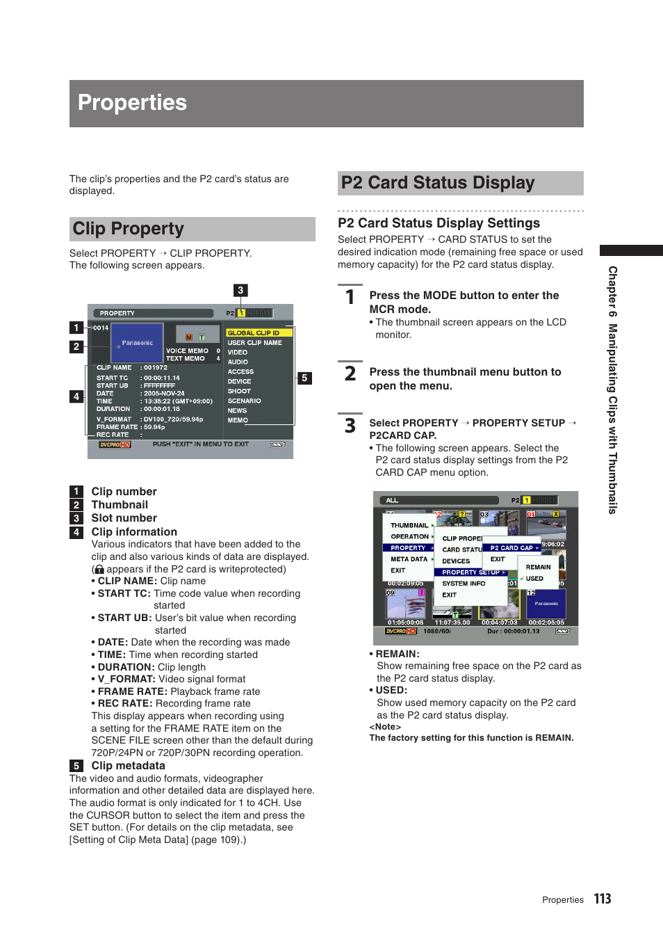 Properties, Clip property, P2 card status display | Panasonic AG-HPX500E User Manual | Page 113 / 152