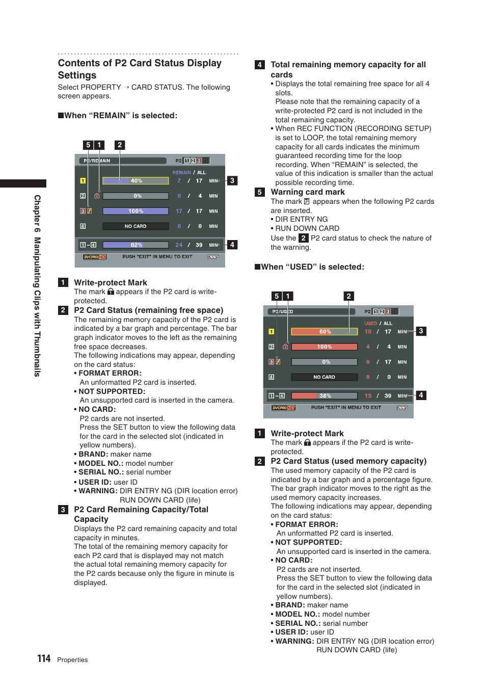 Contents of p2 card status display settings | Panasonic AG-HPX500E User Manual | Page 114 / 152