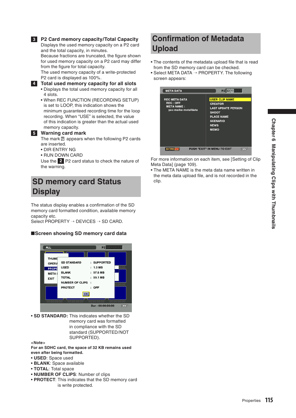 Sd memory card status display, Confirmation of metadata upload, Conﬁrmation of metadata upload | Panasonic AG-HPX500E User Manual | Page 115 / 152