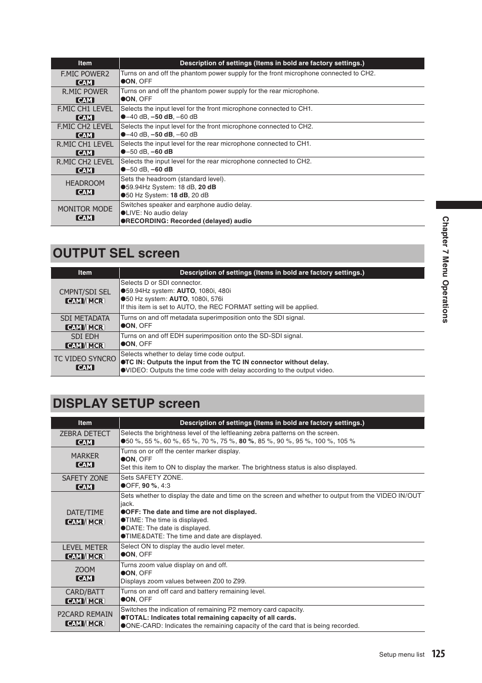 Output sel screen, Display setup screen | Panasonic AG-HPX500E User Manual | Page 125 / 152