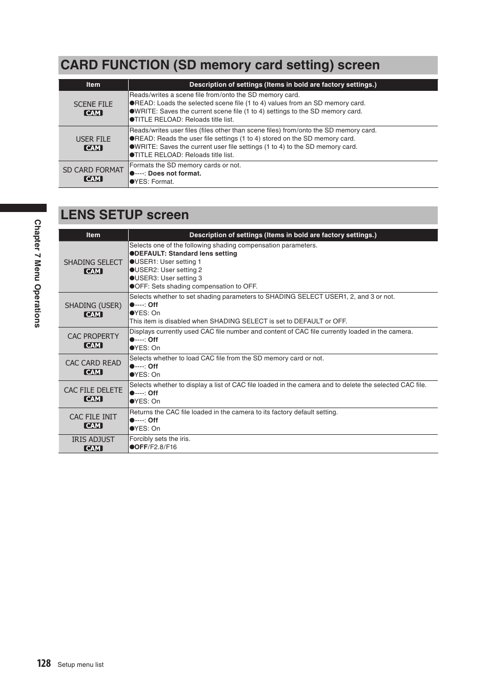 Card function (sd memory card setting) screen, Lens setup screen | Panasonic AG-HPX500E User Manual | Page 128 / 152