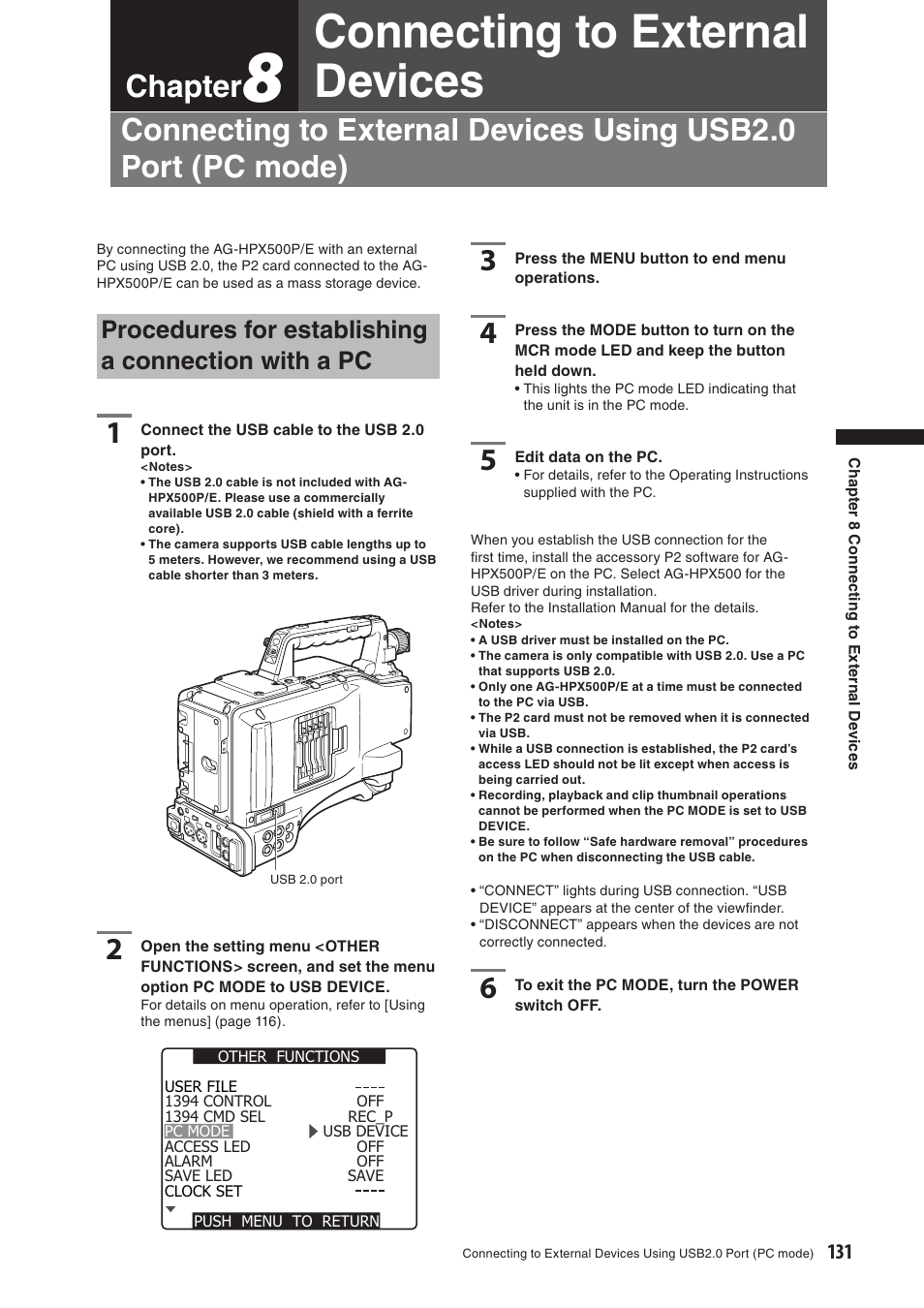 Chapter8 connecting to external devices, Procedures for establishing a connection with a pc, Connecting to external devices | Chapter | Panasonic AG-HPX500E User Manual | Page 131 / 152