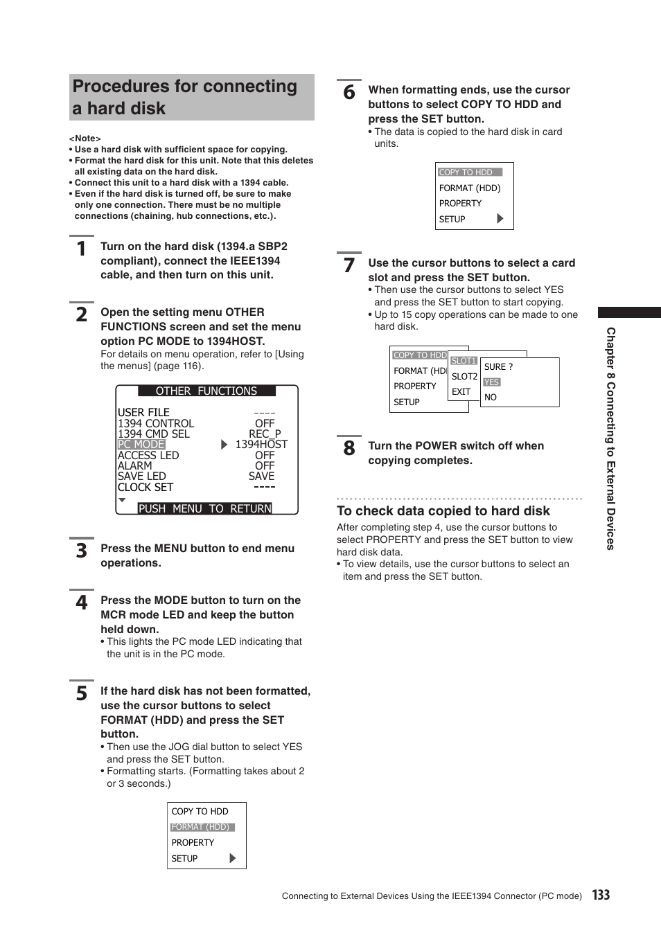 Procedures for connecting a hard disk | Panasonic AG-HPX500E User Manual | Page 133 / 152