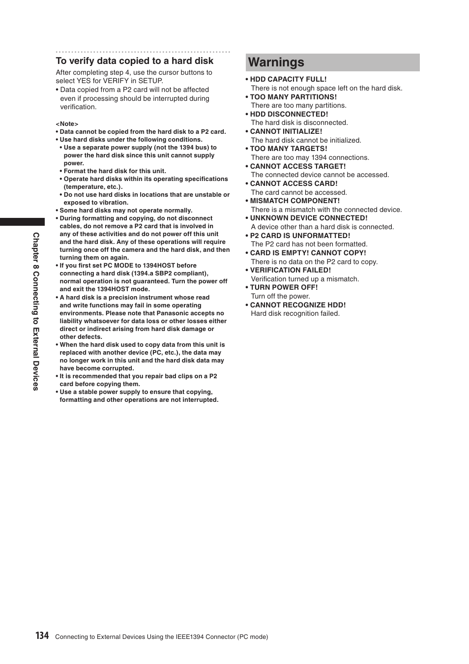 Warnings | Panasonic AG-HPX500E User Manual | Page 134 / 152