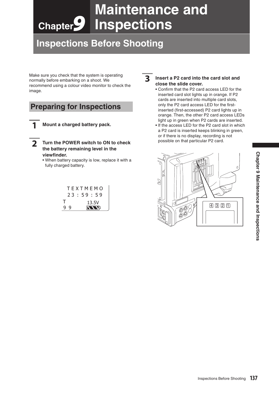 Chapter9 maintenance and inspections, Inspections before shooting, Preparing for inspections | Maintenance and inspections, Chapter, Inspections before shooting 3 | Panasonic AG-HPX500E User Manual | Page 137 / 152