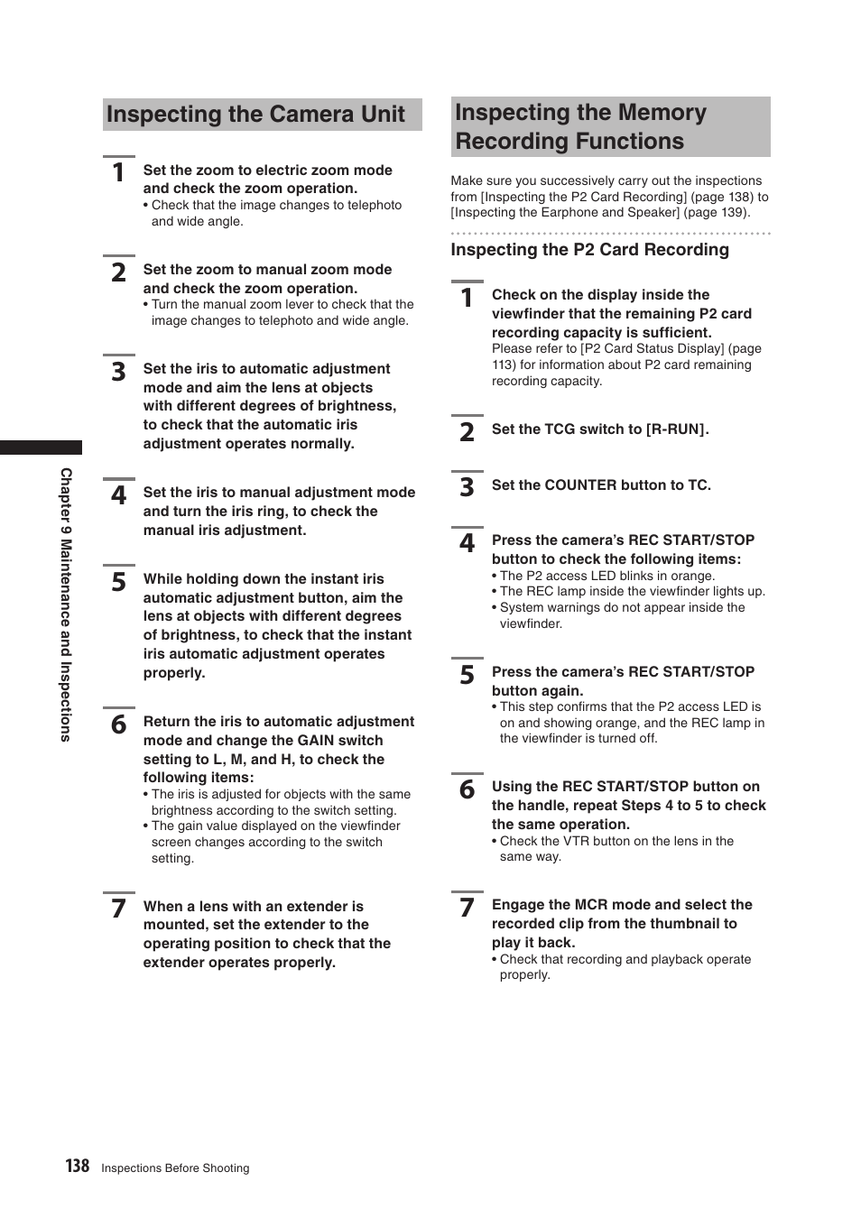 Inspecting the camera unit, Inspecting the memory recording functions | Panasonic AG-HPX500E User Manual | Page 138 / 152