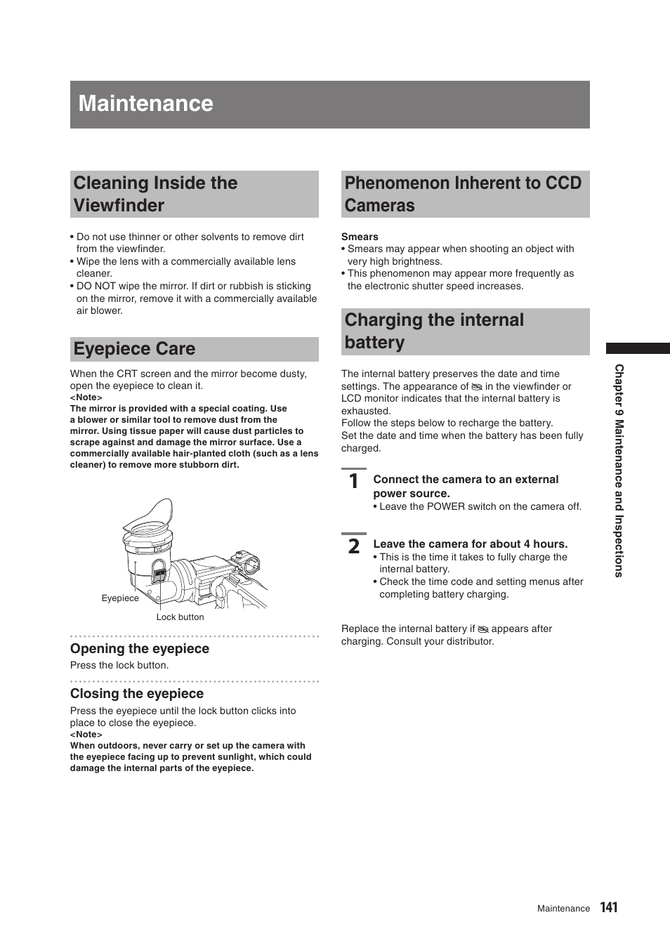 Maintenance, Cleaning inside the viewfinder, Eyepiece care | Phenomenon inherent to ccd cameras, Charging the internal battery, Cleaning inside the viewﬁnder | Panasonic AG-HPX500E User Manual | Page 141 / 152