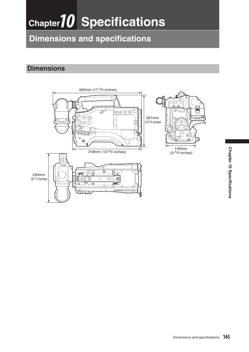 Chapter10 specifications, Dimensions and specifications, Dimensions | Speciﬁcations, Chapter, Dimensions and speciﬁcations | Panasonic AG-HPX500E User Manual | Page 145 / 152