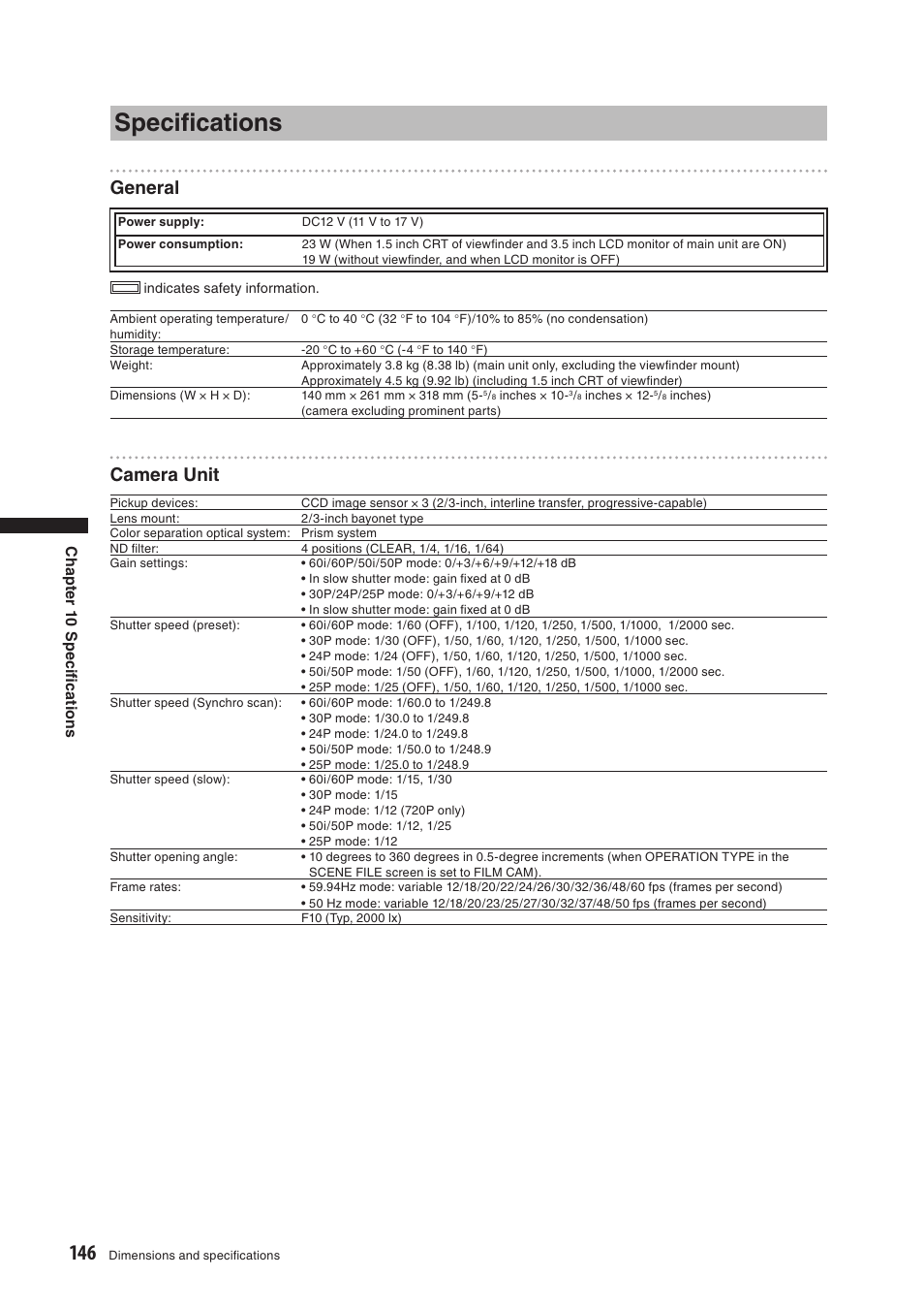 Specifications, Speciﬁcations, General | Camera unit | Panasonic AG-HPX500E User Manual | Page 146 / 152