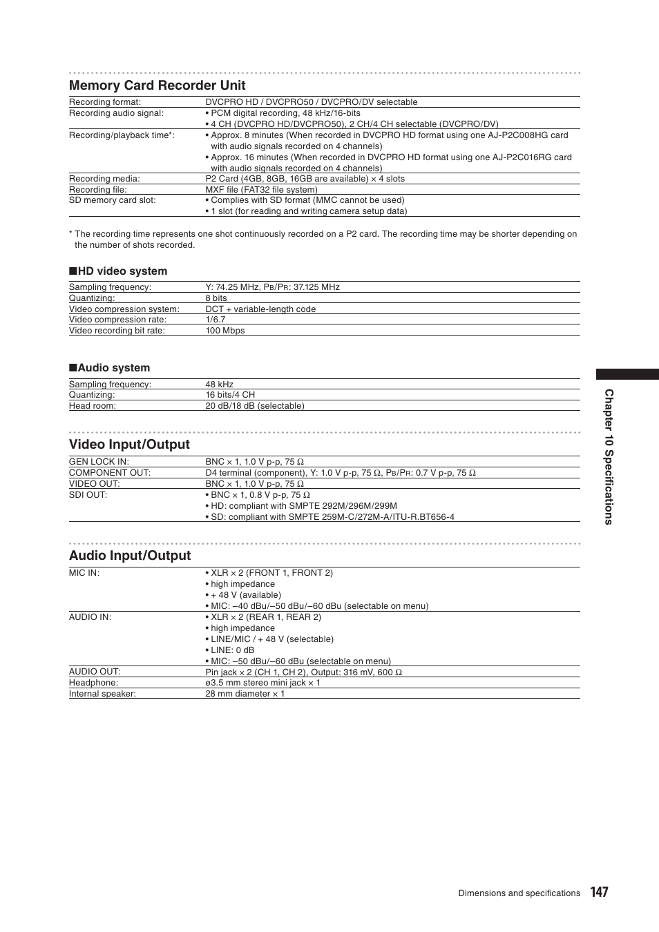 Video input/output, Audio input/output | Panasonic AG-HPX500E User Manual | Page 147 / 152