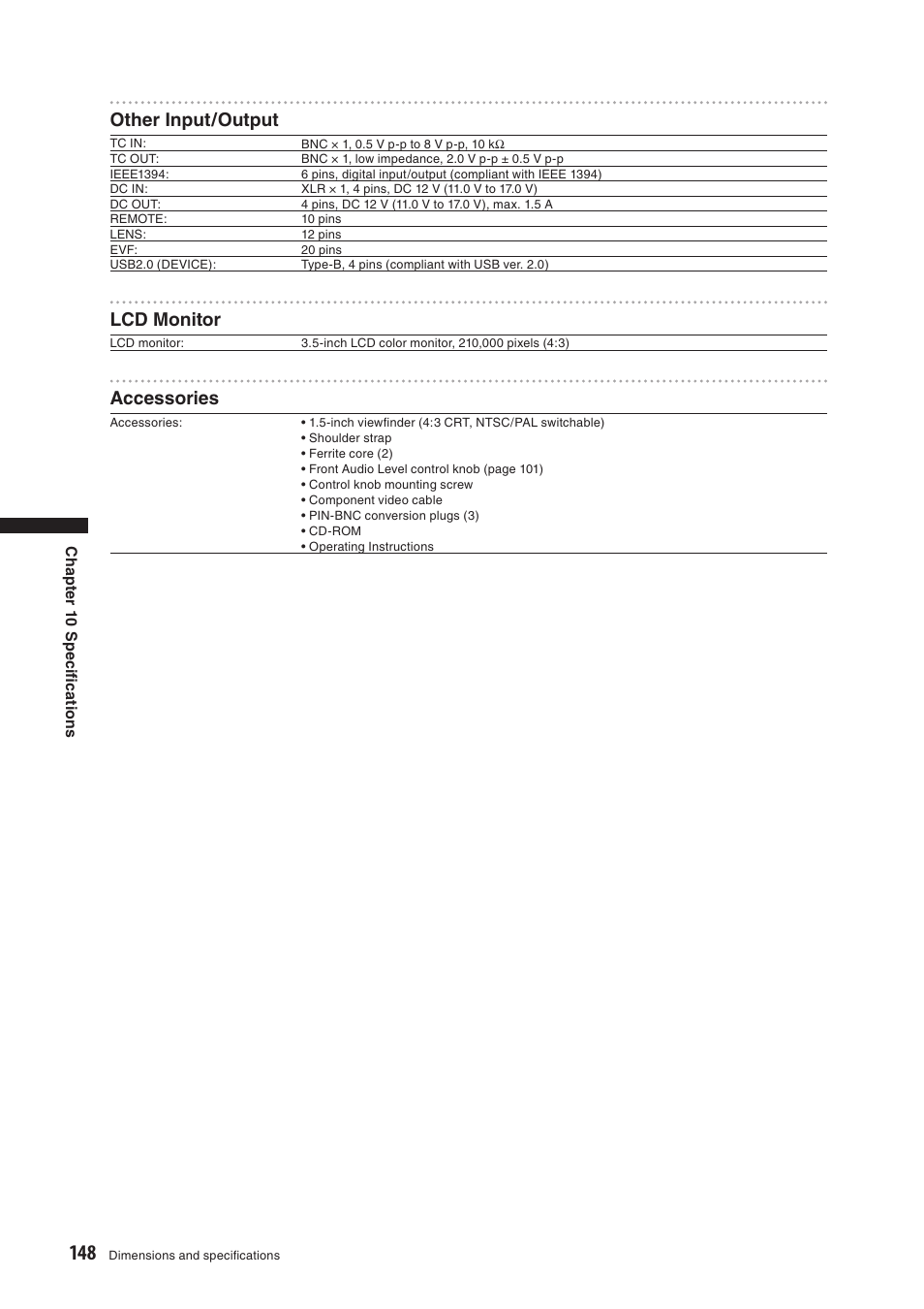 Other input/output, Lcd monitor, Accessories | Panasonic AG-HPX500E User Manual | Page 148 / 152