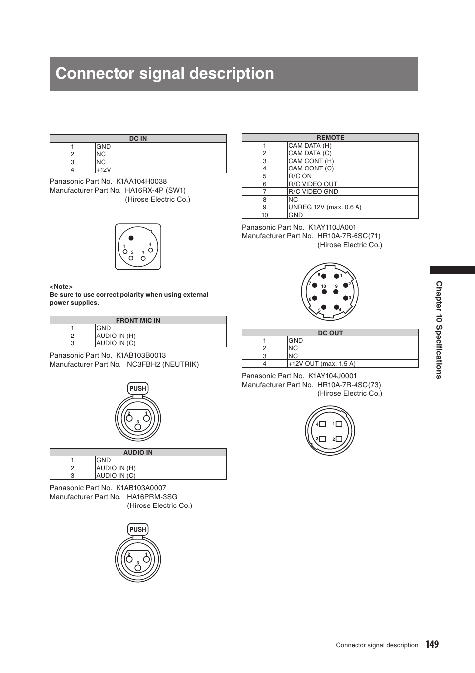 Connector signal description, Ch ap te r 1 0 s p ec iﬁ ca tio n s | Panasonic AG-HPX500E User Manual | Page 149 / 152