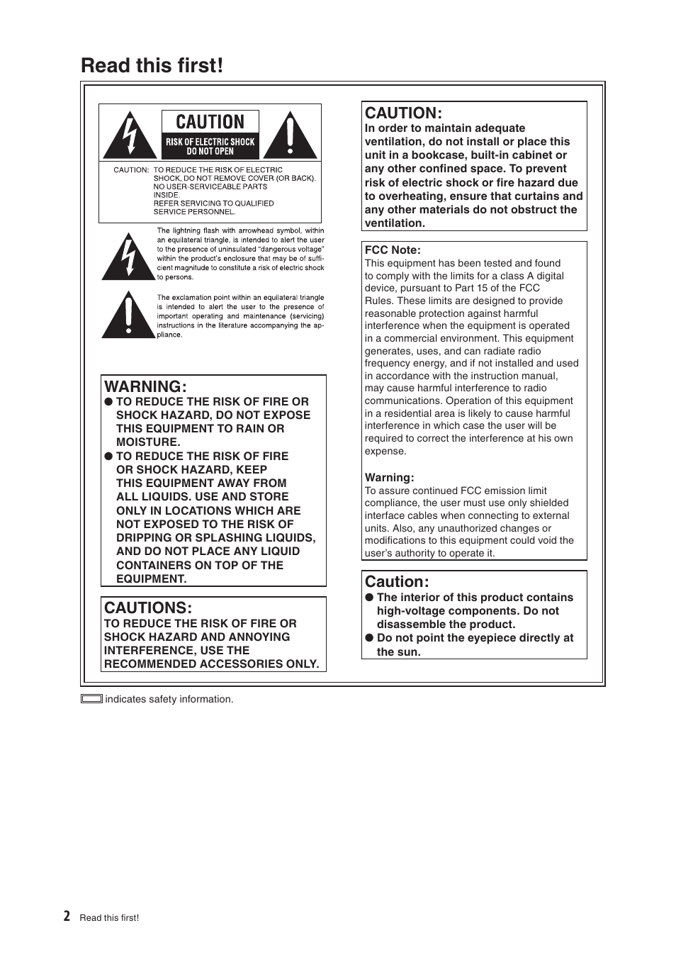 Read this ﬁrst, Caution, Warning | Cautions | Panasonic AG-HPX500E User Manual | Page 2 / 152