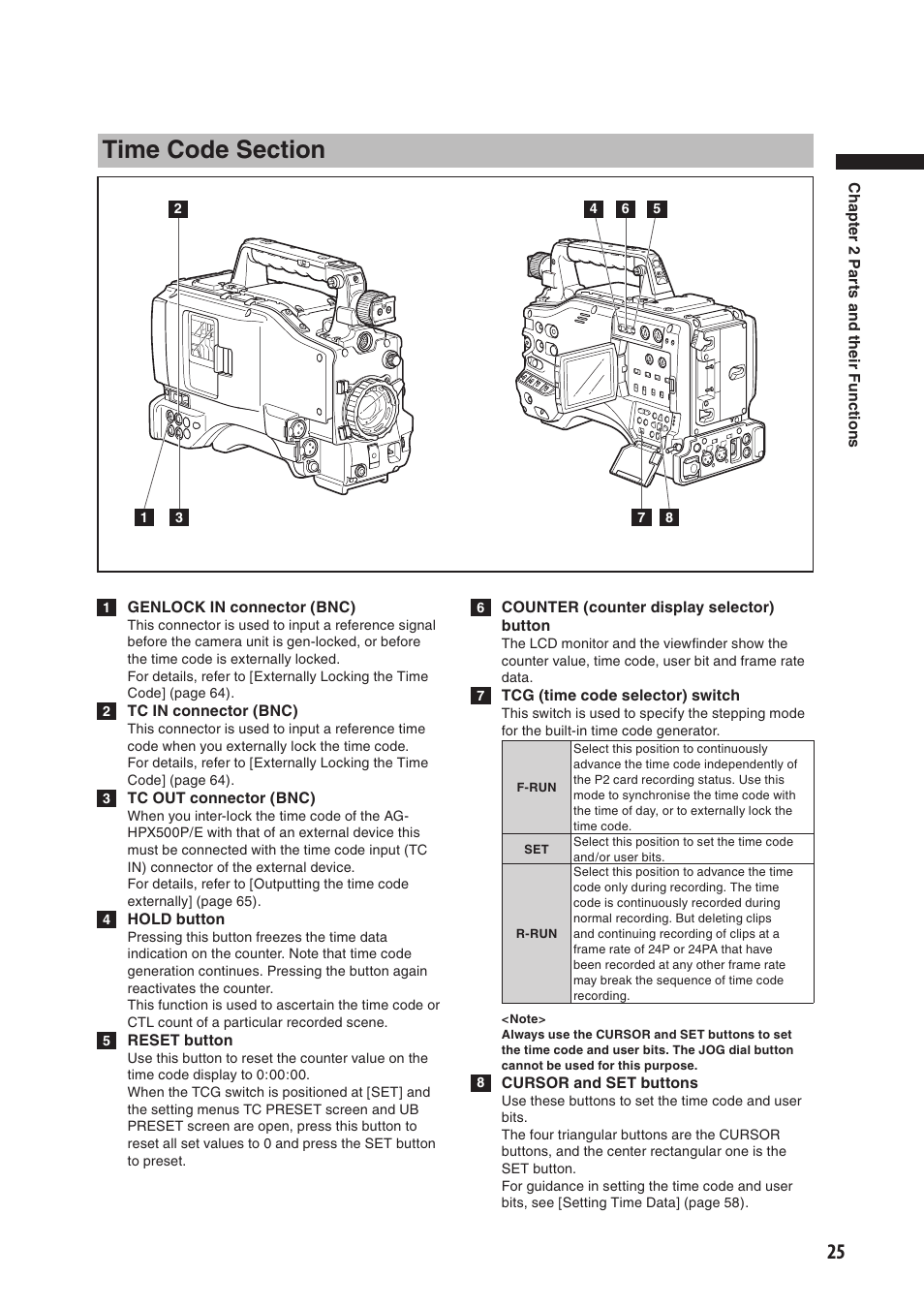Time code section | Panasonic AG-HPX500E User Manual | Page 25 / 152