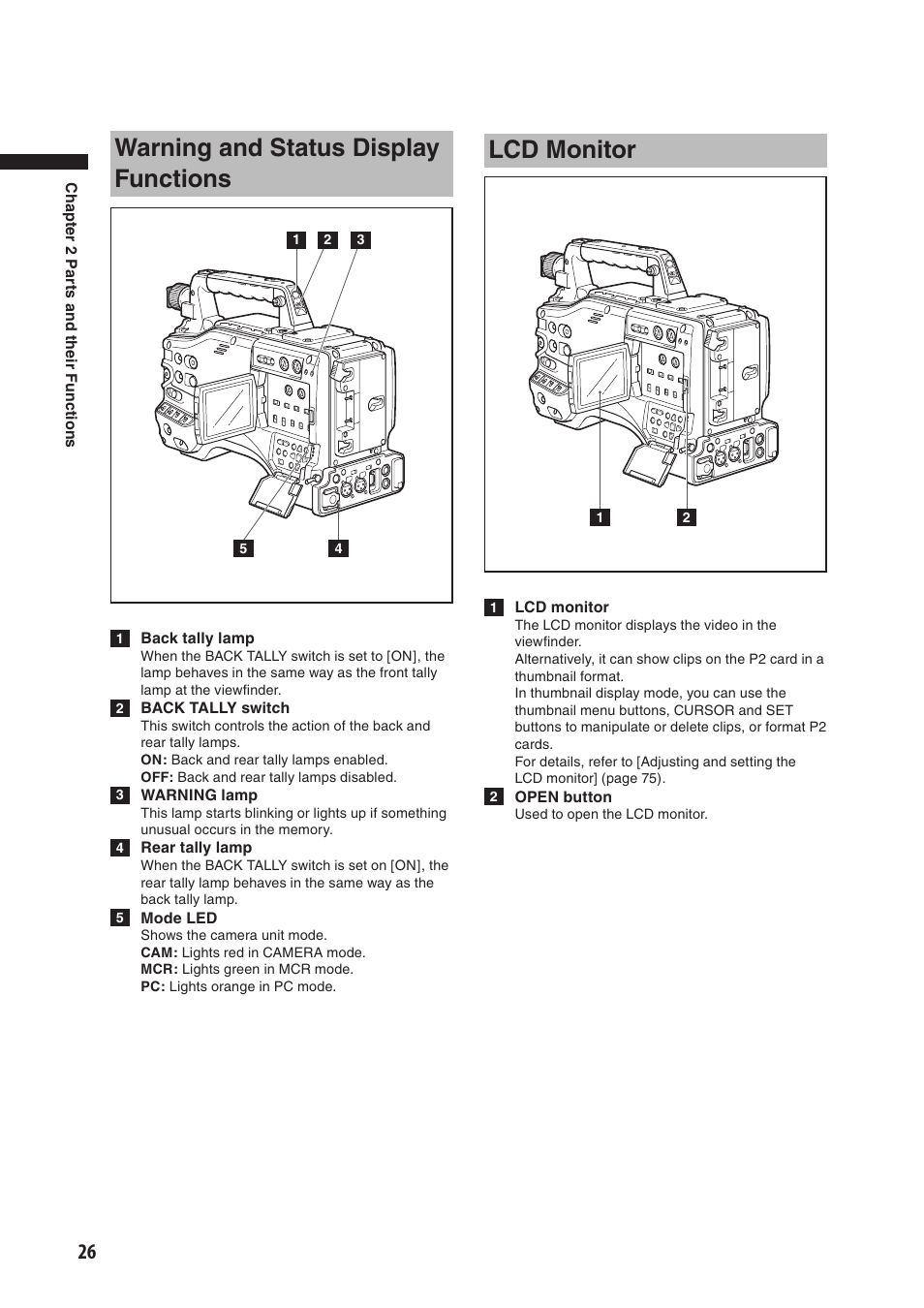 Warning and status display functions, Lcd monitor, Warning and status display functions lcd monitor | Panasonic AG-HPX500E User Manual | Page 26 / 152