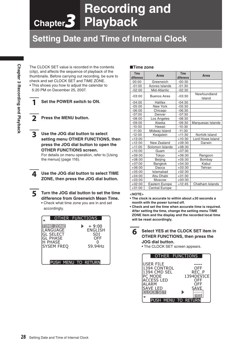 Chapter3 recording and playback, Setting date and time of internal clock, Recording and playback | Chapter | Panasonic AG-HPX500E User Manual | Page 28 / 152