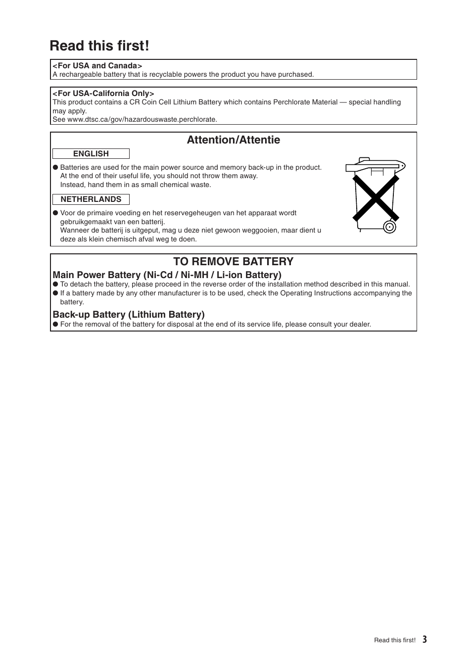 Read this ﬁrst, Attention/attentie | Panasonic AG-HPX500E User Manual | Page 3 / 152