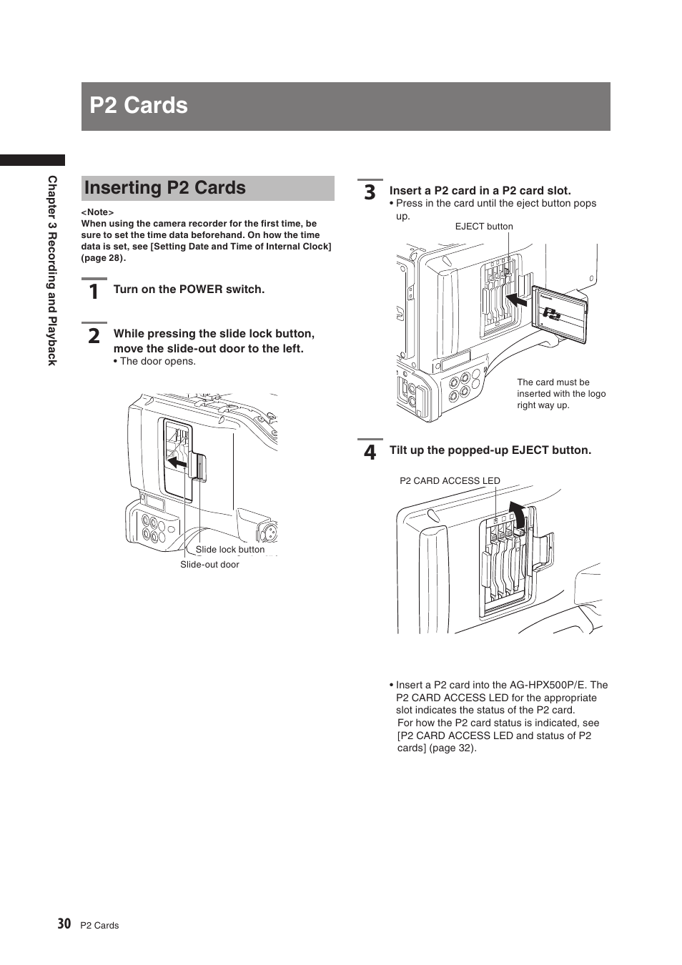 P2 cards, Inserting p2 cards | Panasonic AG-HPX500E User Manual | Page 30 / 152