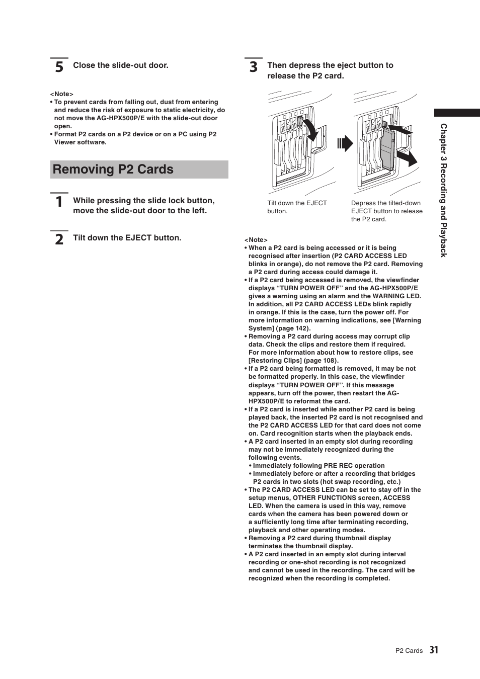 Removing p2 cards | Panasonic AG-HPX500E User Manual | Page 31 / 152