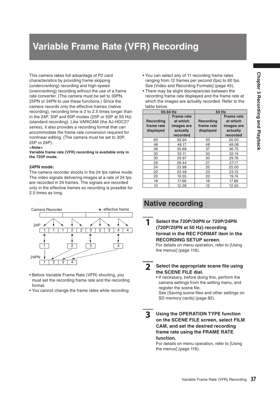 Variable frame rate (vfr) recording, Native recording | Panasonic AG-HPX500E User Manual | Page 37 / 152